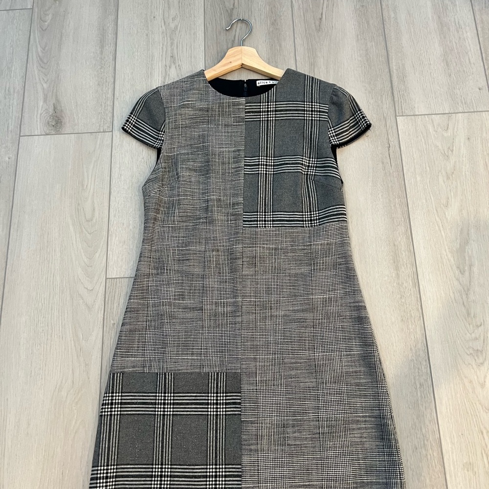 Alice + Olivia Black and Gray Plaid Midi Dress